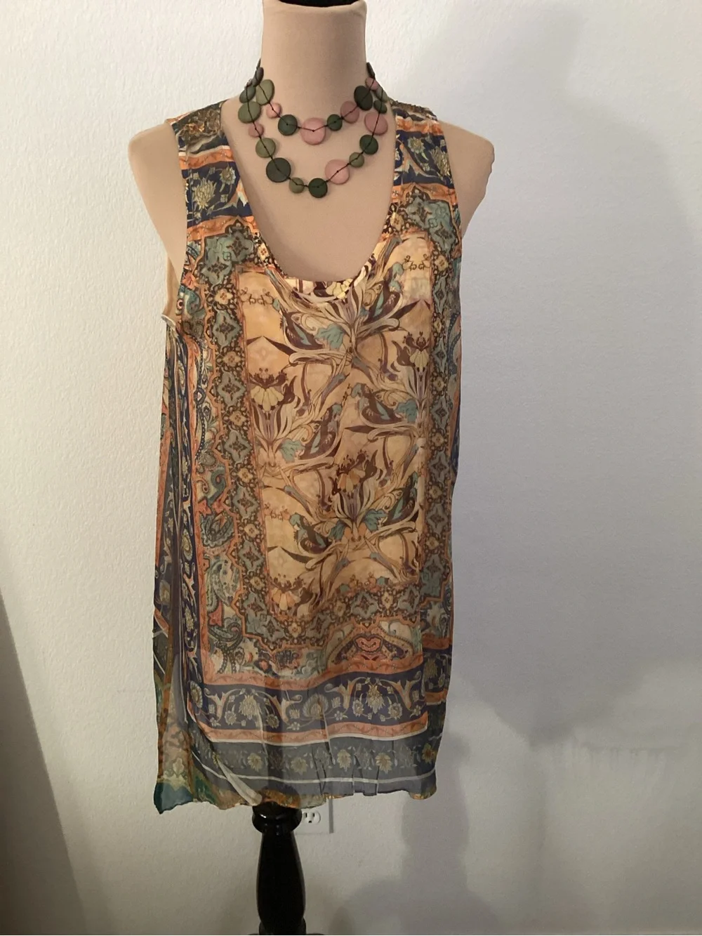 ONE WORLD Boho Paisley Sleeveless Tunic in Beige, Teal, Brown - Picture 1 of 12